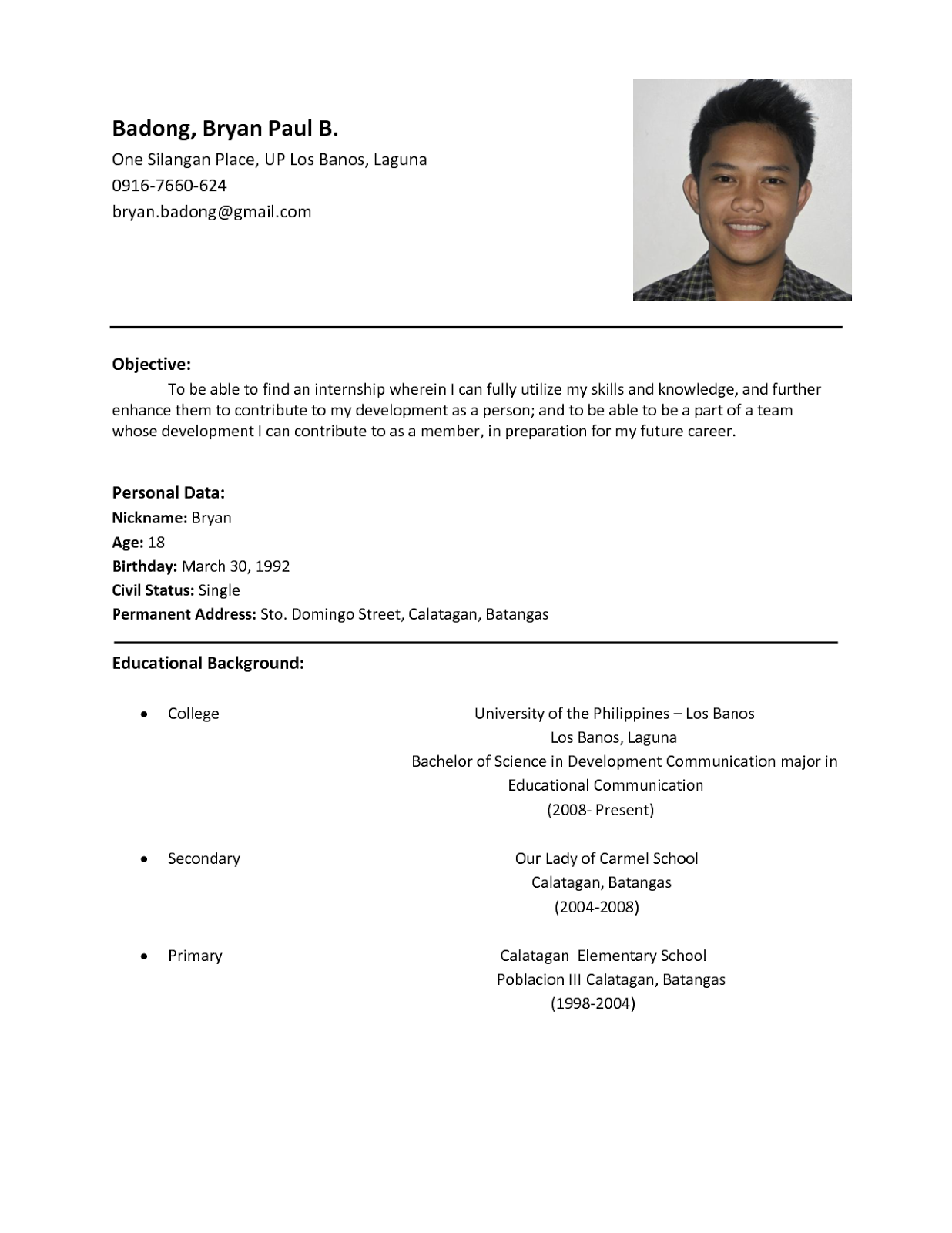 Sample of s resume